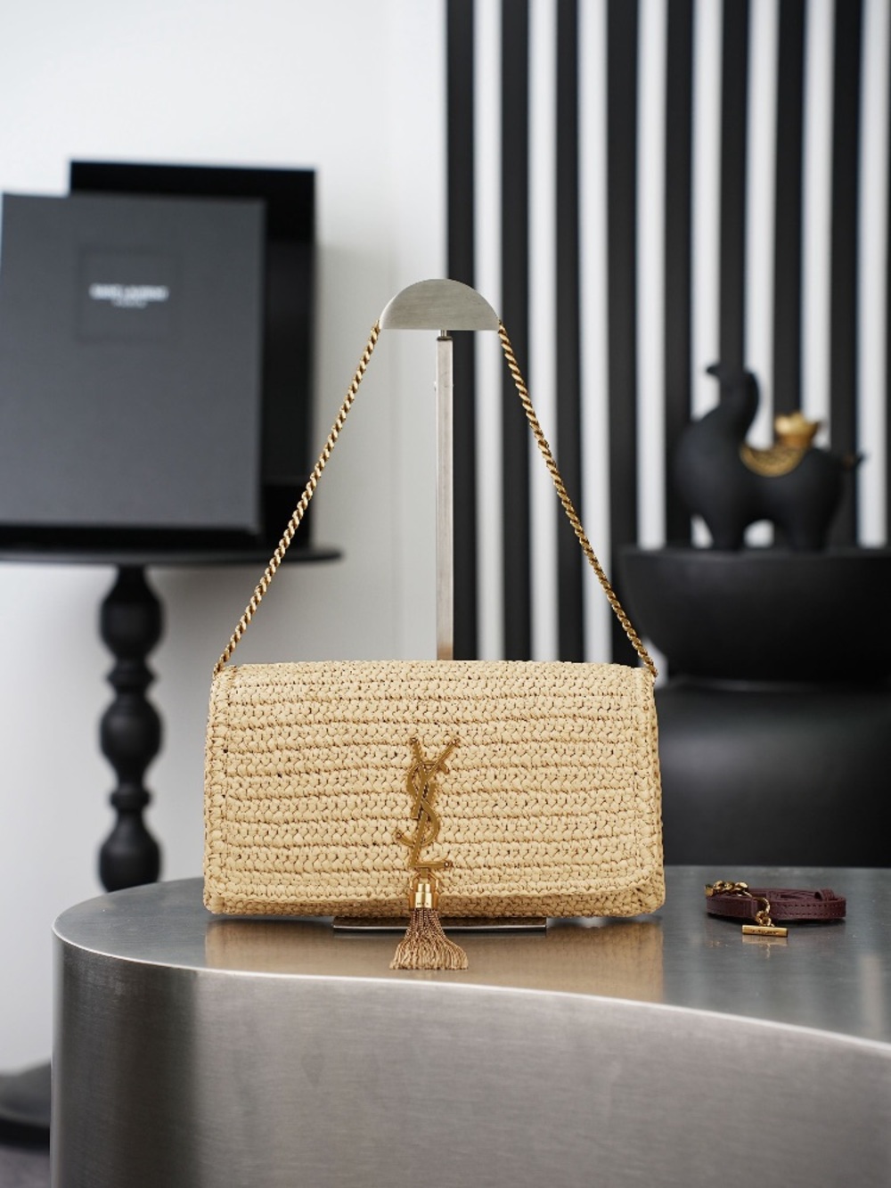 Saint Laurent Natural Raffia Shoulder Bag with Gold YSL Tassel